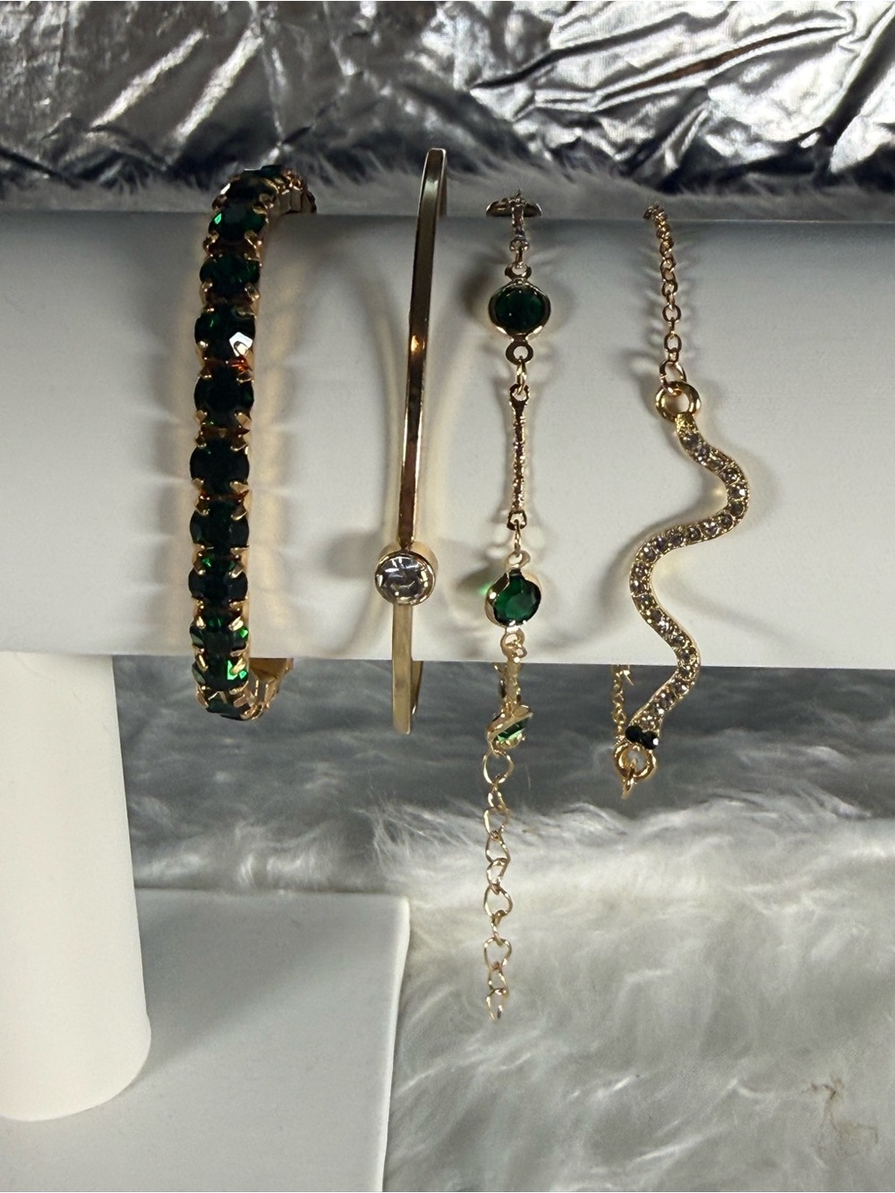Gold Tone Emerald Green Crystal Bracelet Set - Women Jewelry